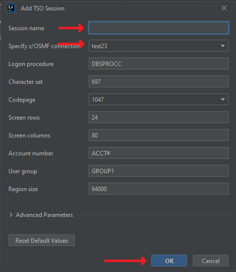 Fill in parameters, click OK